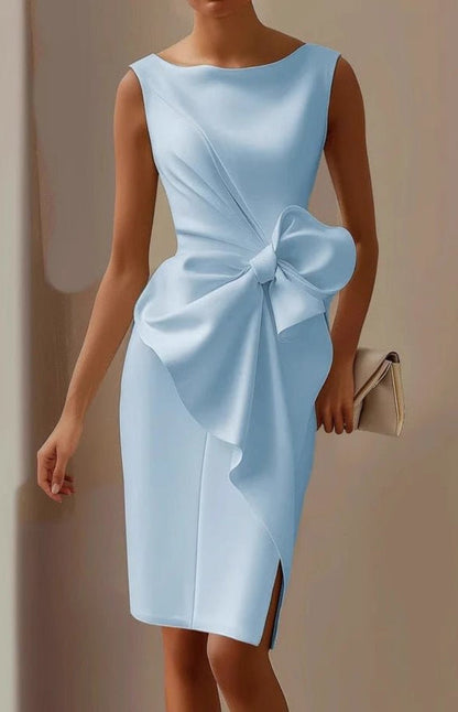 Bow Detail Cocktail Dress – Sleeveless Bodycon Boat Neck Midi