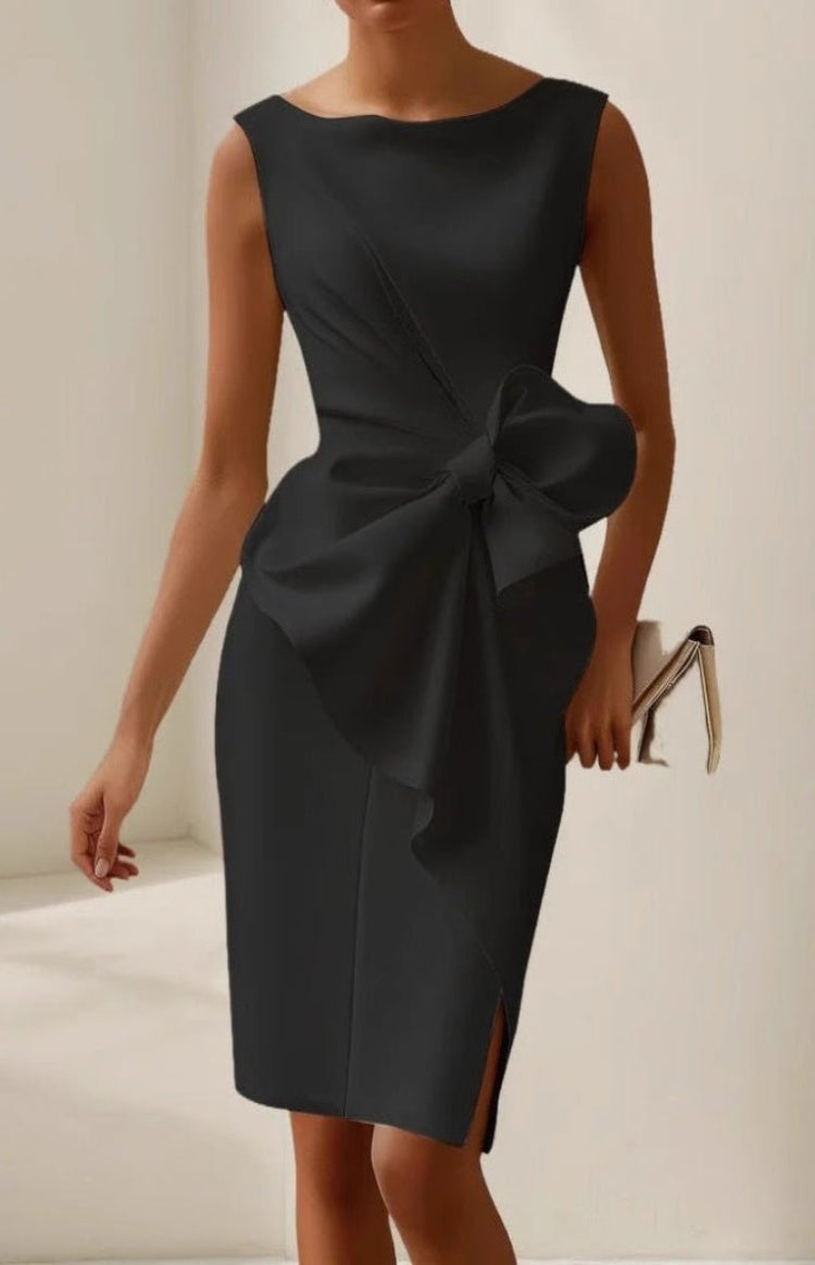 Bow Detail Cocktail Dress – Sleeveless Bodycon Boat Neck Midi