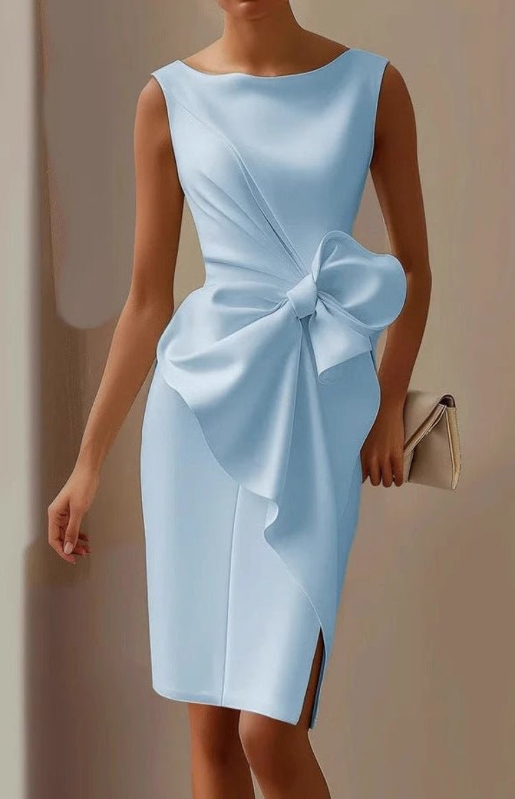 Bow Detail Cocktail Dress – Sleeveless Bodycon Boat Neck Midi