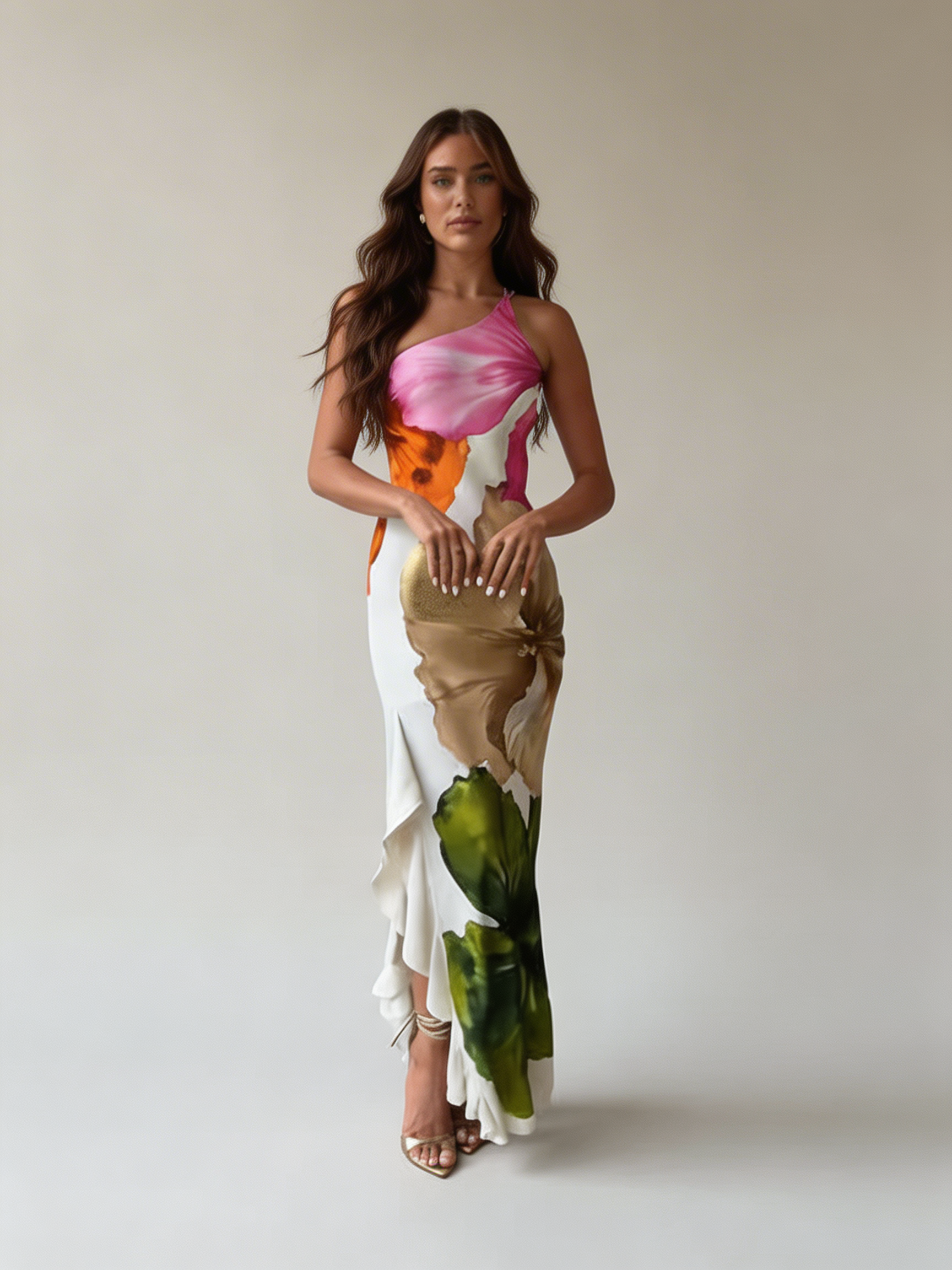Floral Print One Shoulder Maxi Dress – Ruffle Hem Wedding Guest Dress