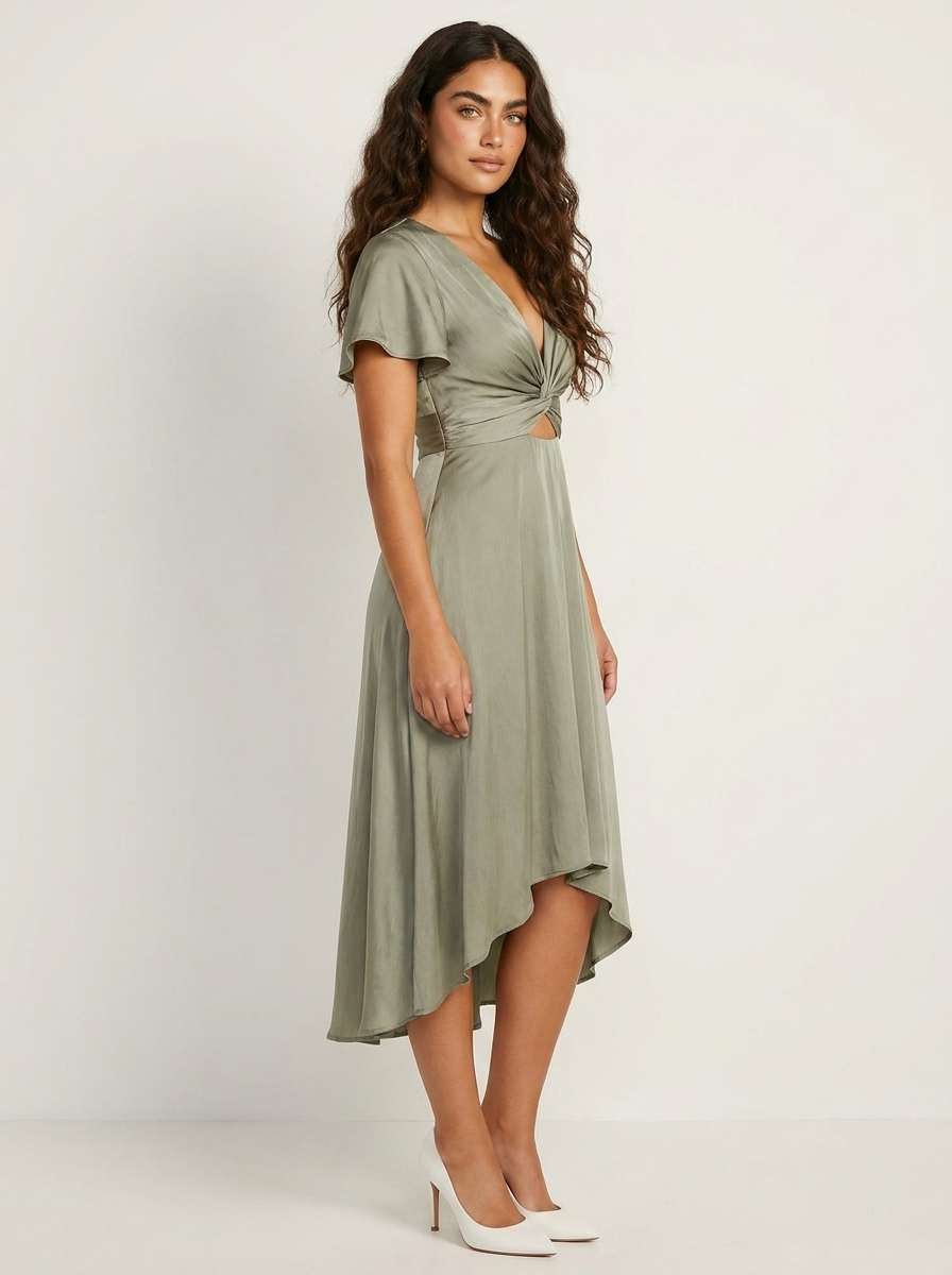 Twist Front Cutout Midi Dress – V-Neck High-Low Hem Flutter Sleeve