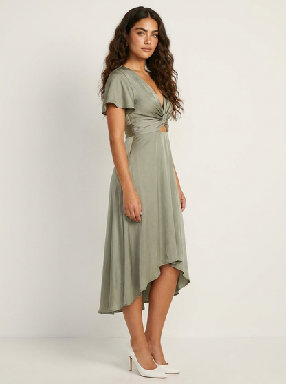 Twist Front Cutout Midi Dress – V-Neck High-Low Hem Flutter Sleeve