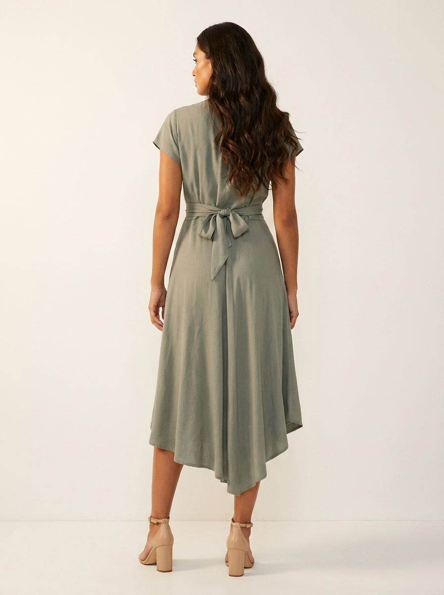 Twist Front Cutout Midi Dress – V-Neck High-Low Hem Flutter Sleeve