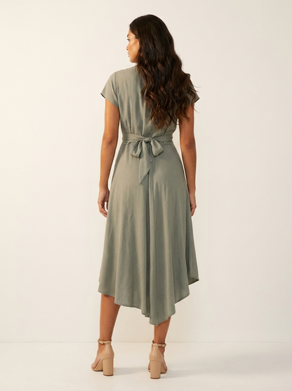 Twist Front Cutout Midi Dress – V-Neck High-Low Hem Flutter Sleeve