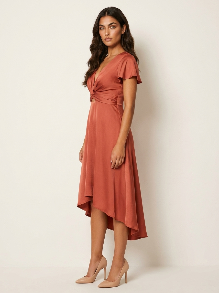 Twist Front Cutout Midi Dress – V-Neck High-Low Hem Flutter Sleeve