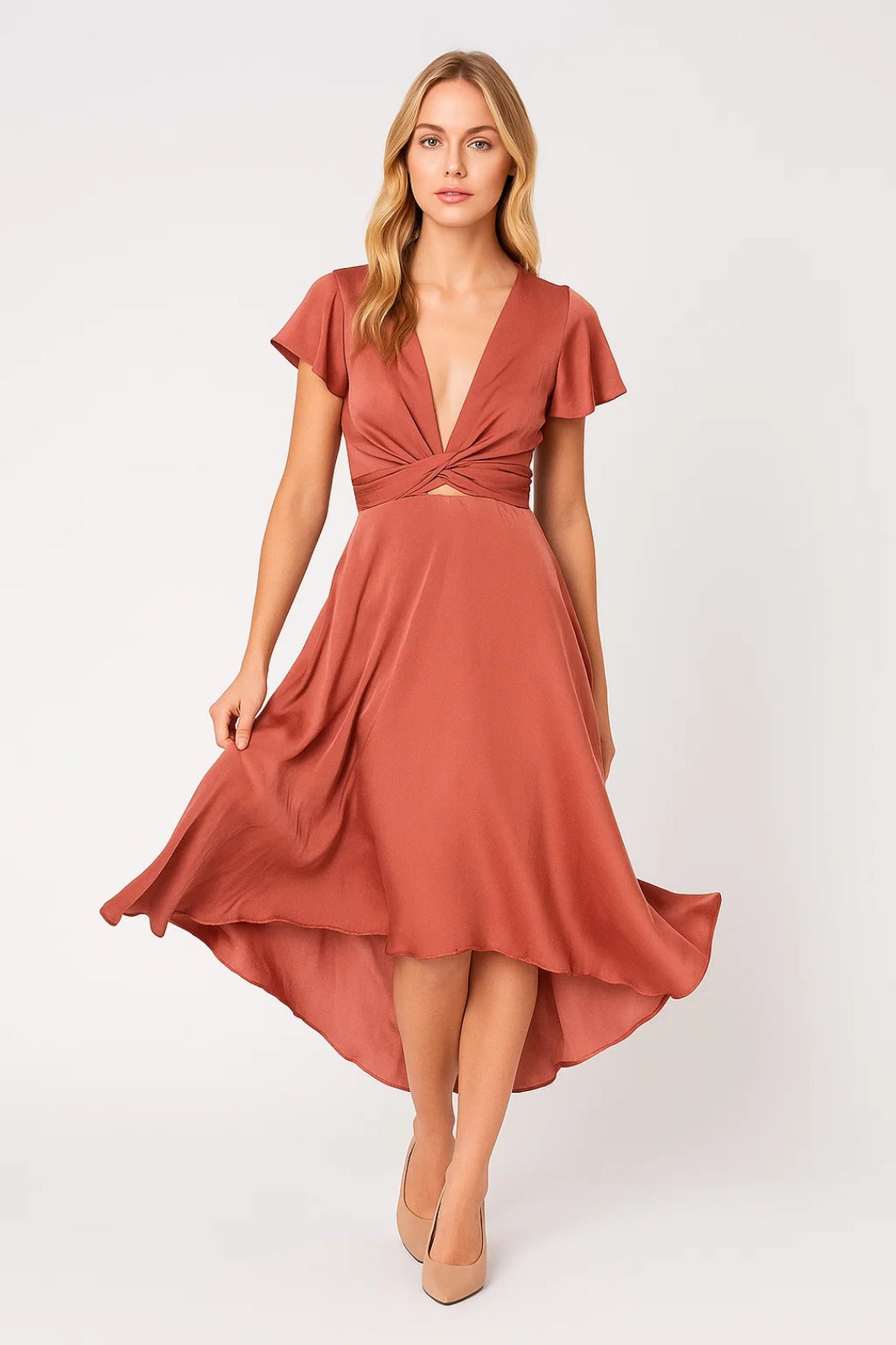 Twist Front Cutout Midi Dress – V-Neck High-Low Hem Flutter Sleeve