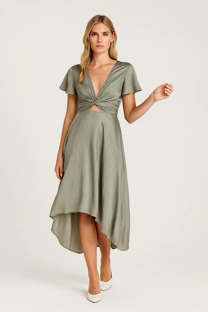 Twist Front Cutout Midi Dress – V-Neck High-Low Hem Flutter Sleeve