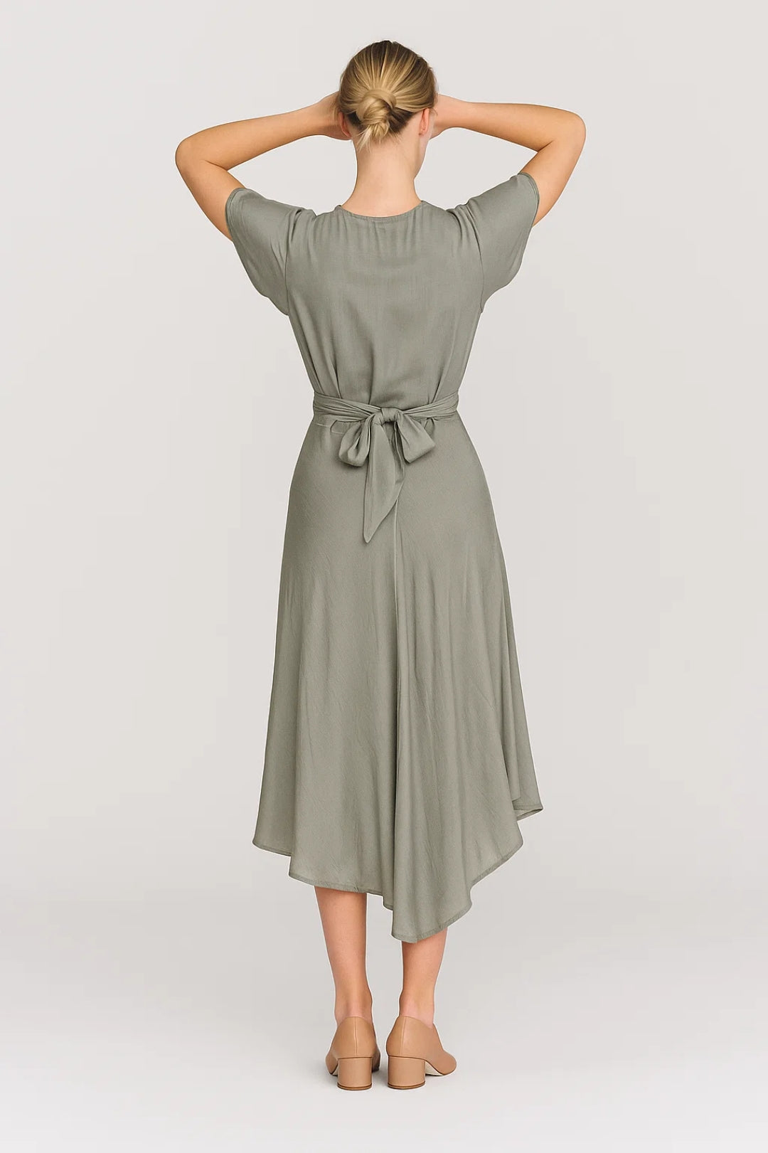 Twist Front Cutout Midi Dress – V-Neck High-Low Hem Flutter Sleeve