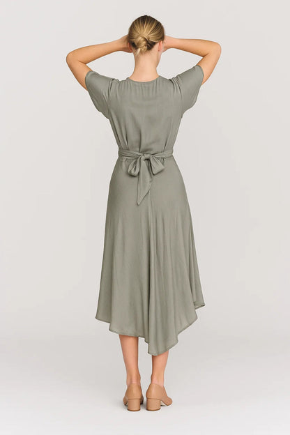 Twist Front Cutout Midi Dress – V-Neck High-Low Hem Flutter Sleeve