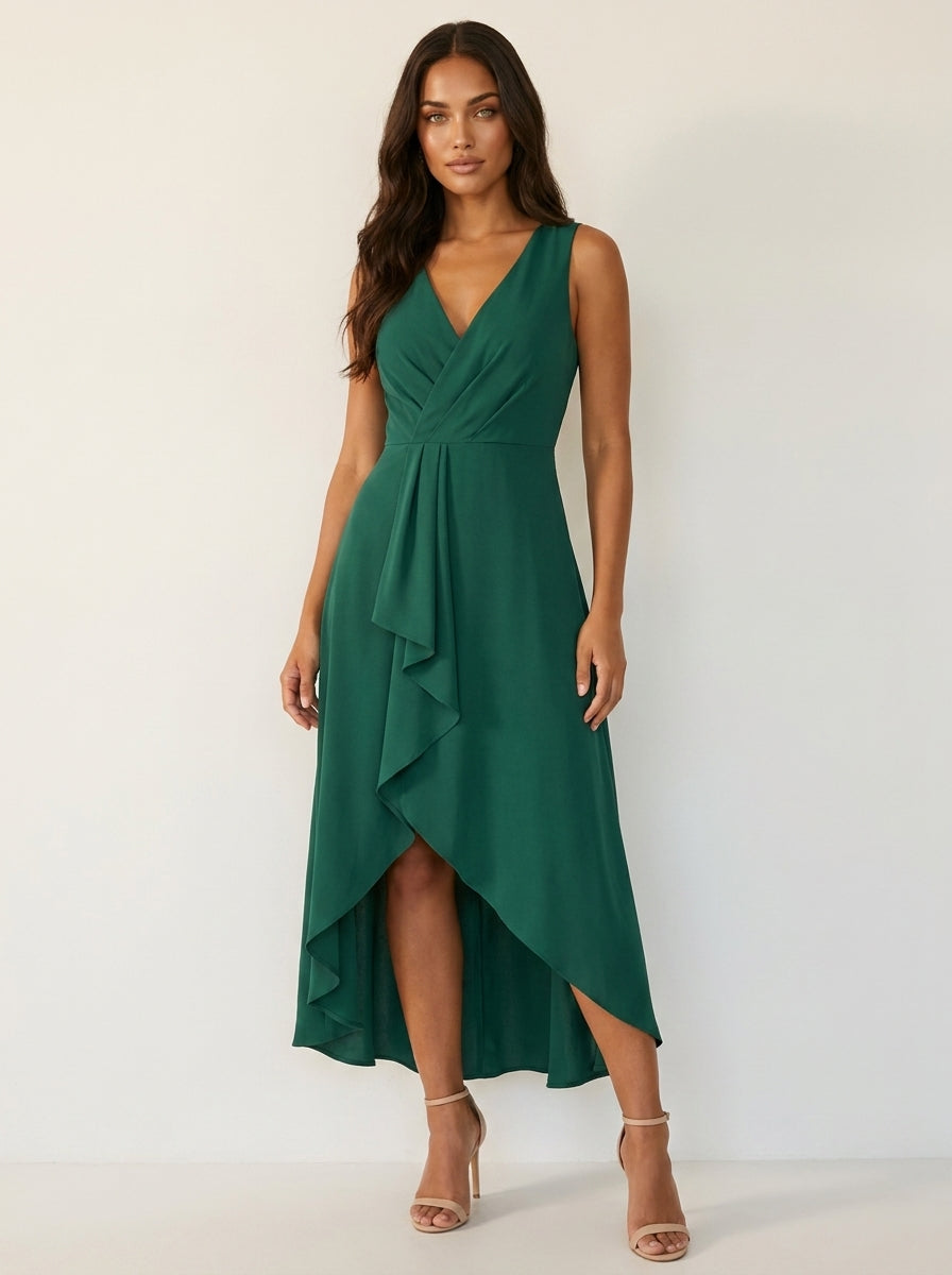 Wrap V-Neck Midi Dress – Sleeveless Waterfall Hem Wedding Guest