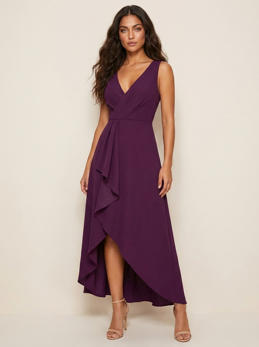 Wrap V-Neck Midi Dress – Sleeveless Waterfall Hem Wedding Guest