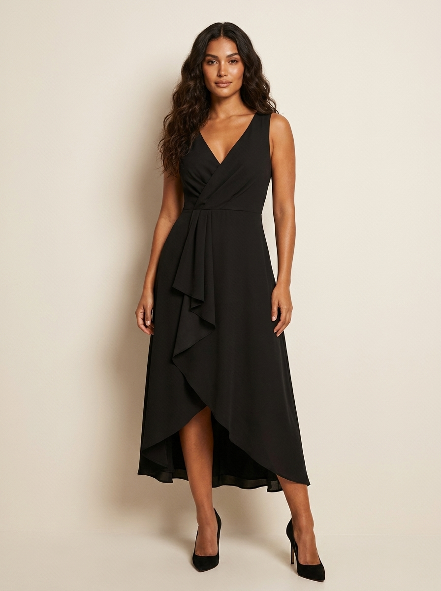 Wrap V-Neck Midi Dress – Sleeveless Waterfall Hem Wedding Guest