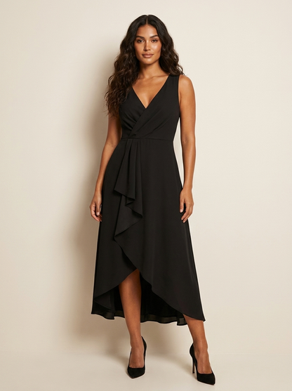Wrap V-Neck Midi Dress – Sleeveless Waterfall Hem Wedding Guest