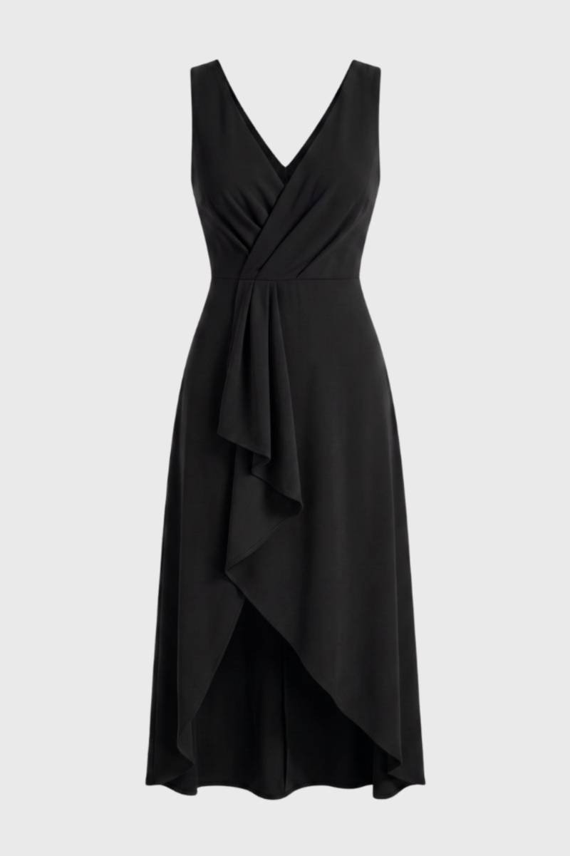 Wrap V-Neck Midi Dress – Sleeveless Waterfall Hem Wedding Guest