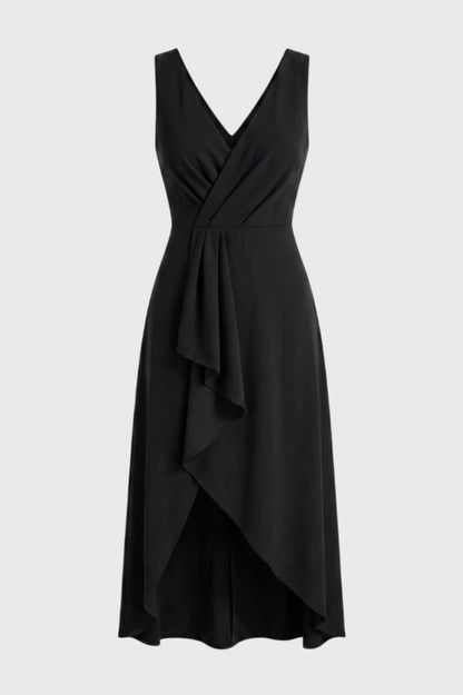 Wrap V-Neck Midi Dress – Sleeveless Waterfall Hem Wedding Guest