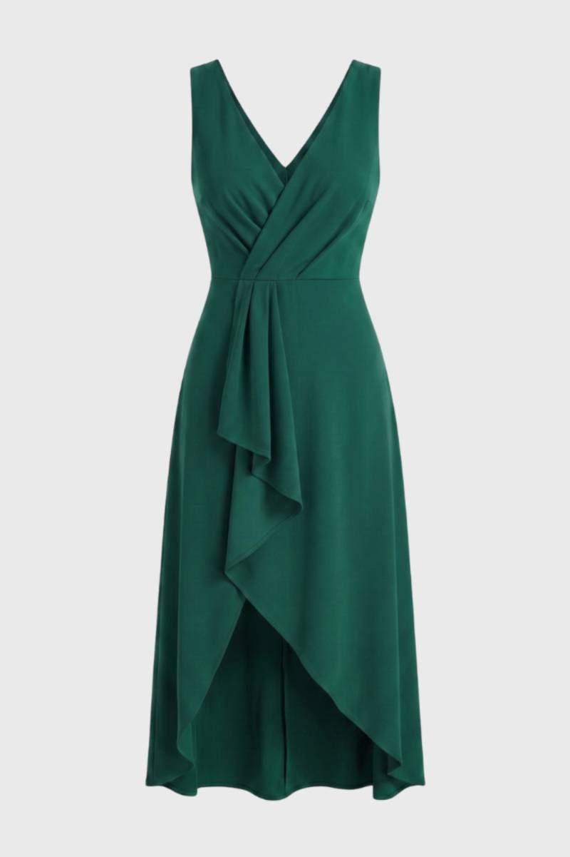 Wrap V-Neck Midi Dress – Sleeveless Waterfall Hem Wedding Guest