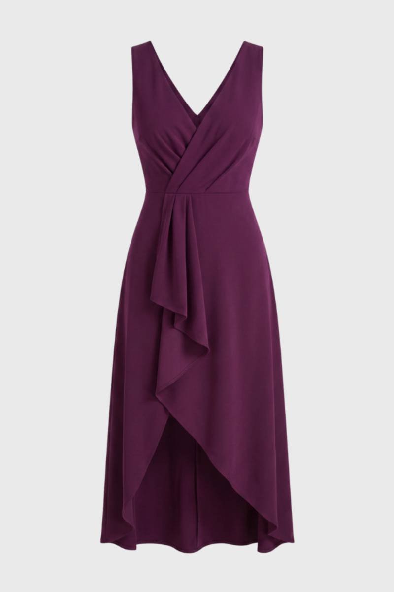 Wrap V-Neck Midi Dress – Sleeveless Waterfall Hem Wedding Guest
