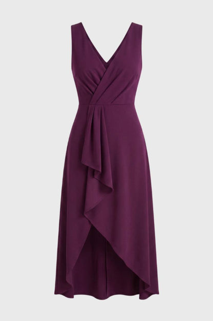 Wrap V-Neck Midi Dress – Sleeveless Waterfall Hem Wedding Guest