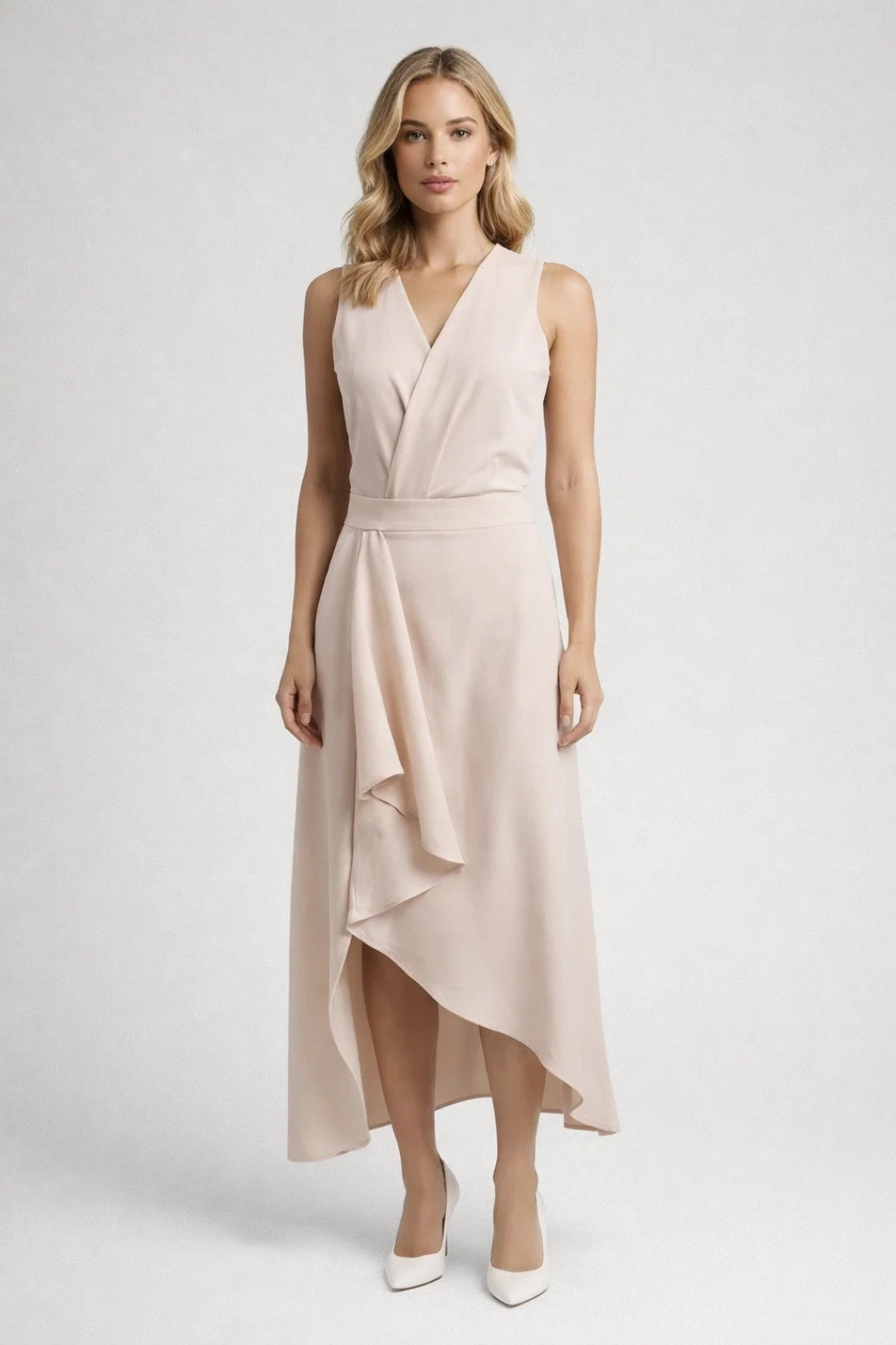 Wrap V-Neck Midi Dress – Sleeveless Asymmetric Ruffle Hem
