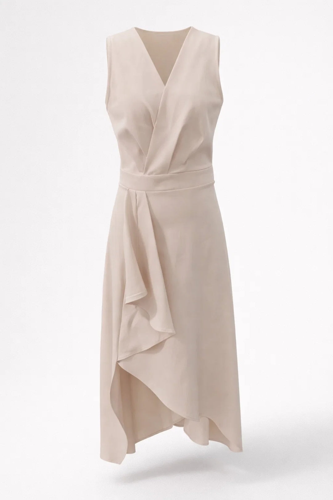 Wrap V-Neck Midi Dress – Sleeveless Asymmetric Ruffle Hem