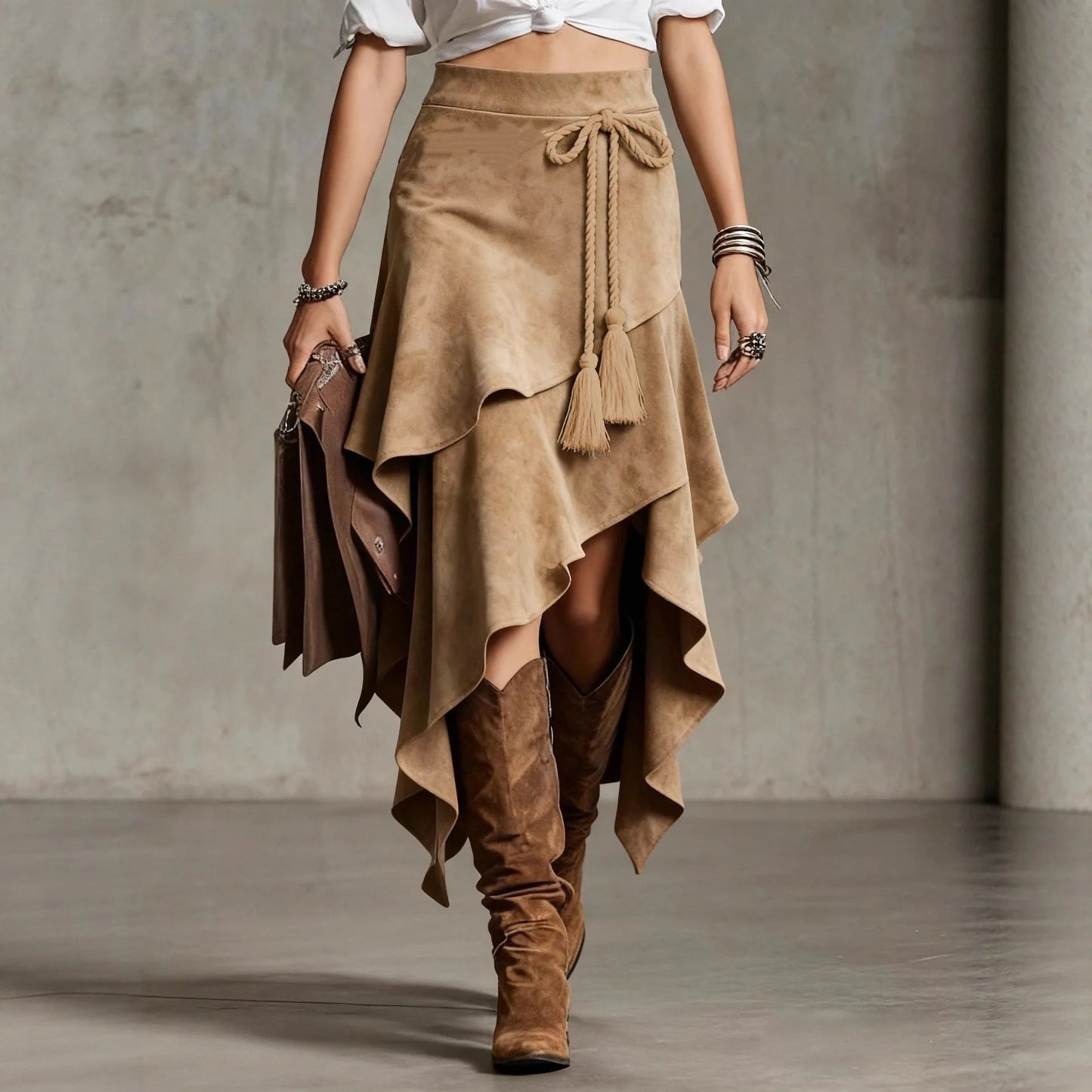 Faux Suede Wrap Midi Skirt – Asymmetric Layered Tassel Tie