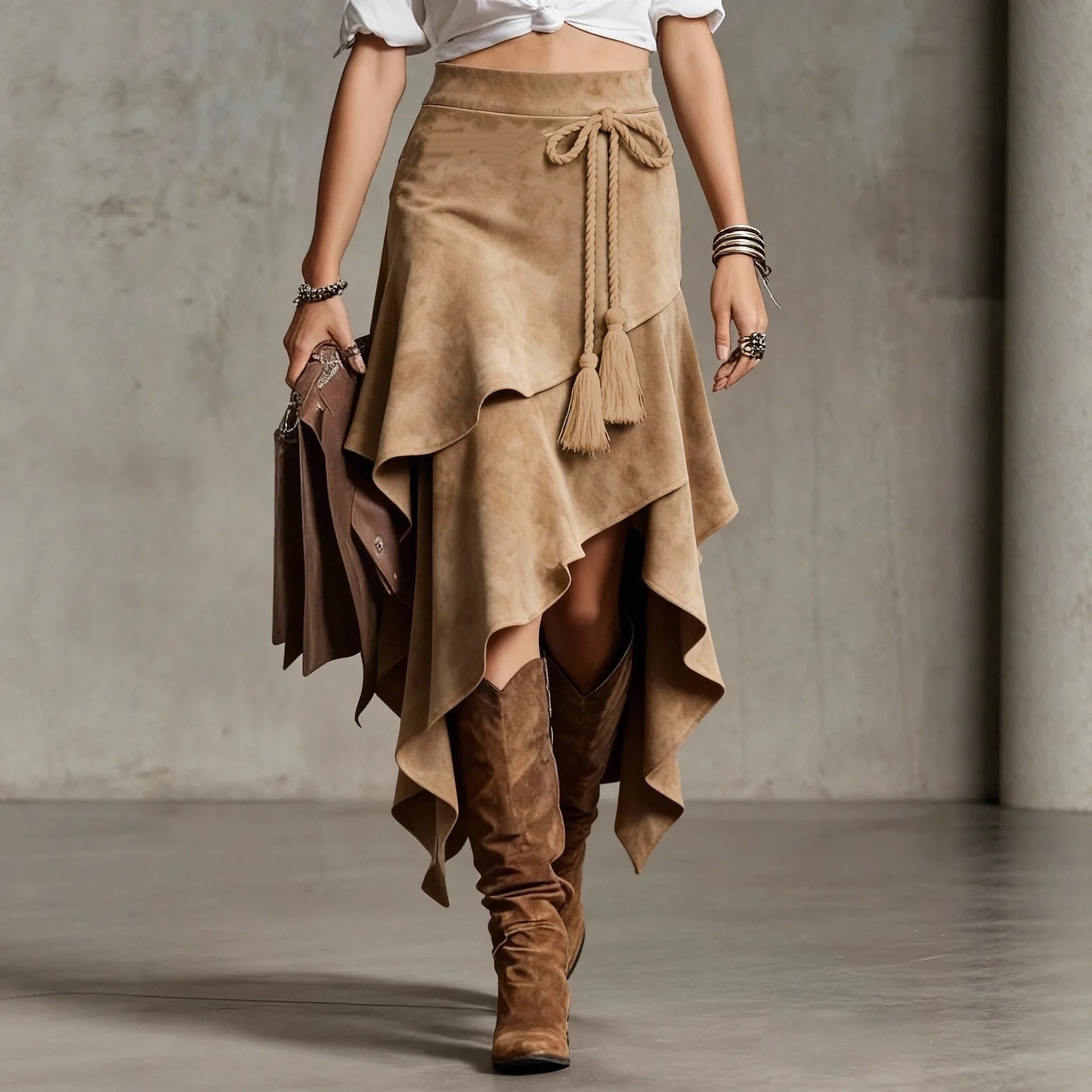 Faux Suede Wrap Midi Skirt – Asymmetric Layered Tassel Tie