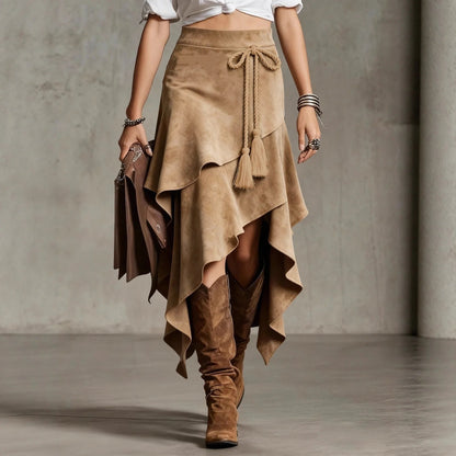 Faux Suede Wrap Midi Skirt – Asymmetric Layered Tassel Tie