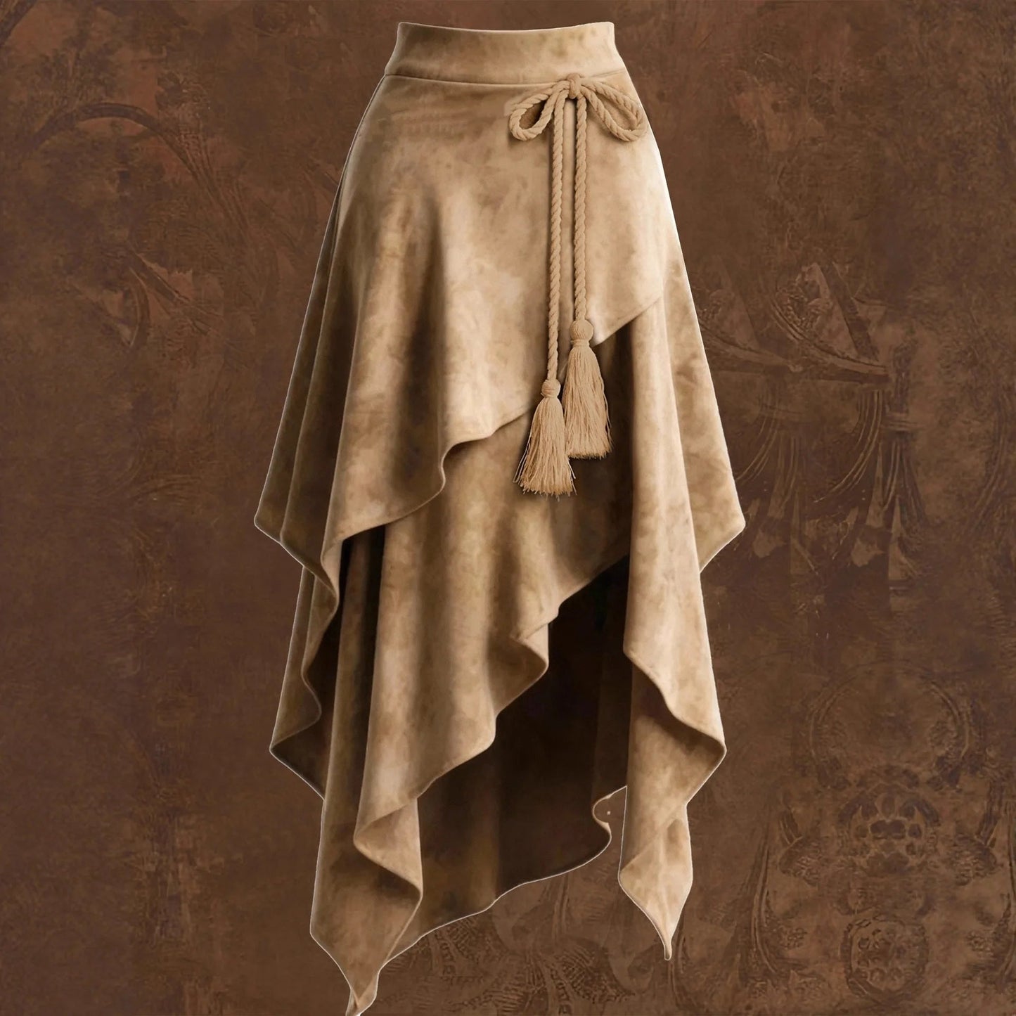 Faux Suede Wrap Midi Skirt – Asymmetric Layered Tassel Tie
