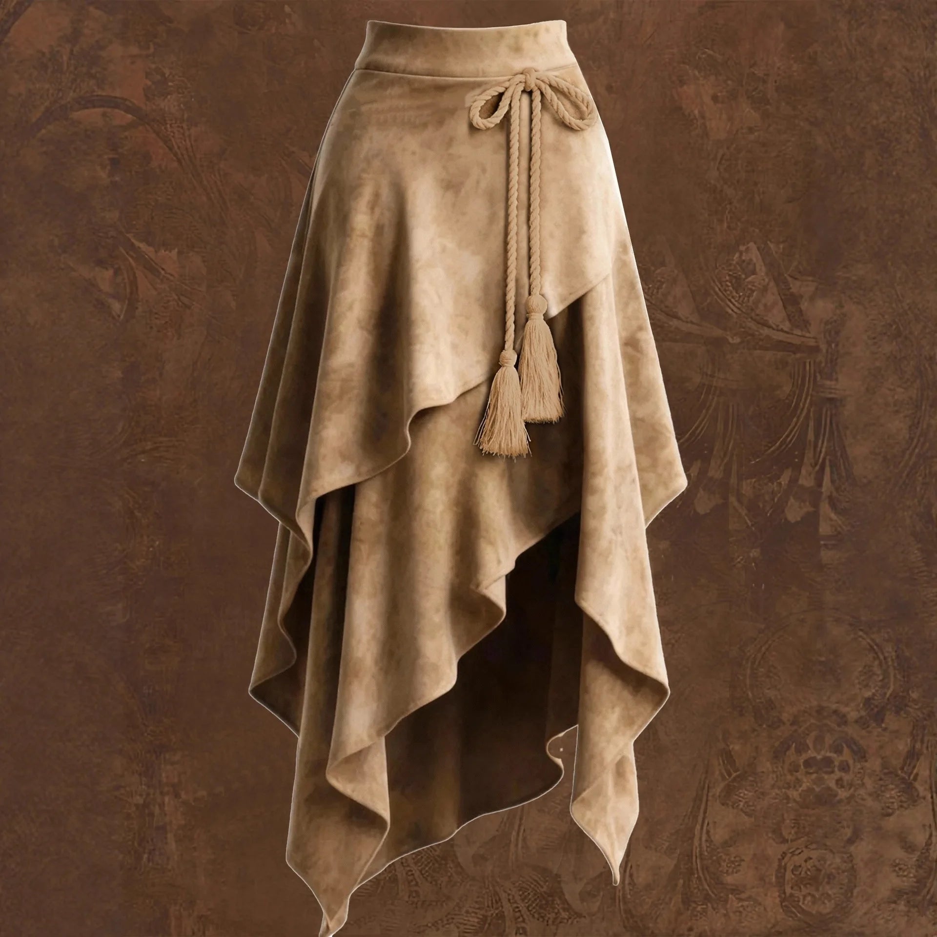 Faux Suede Wrap Midi Skirt – Asymmetric Layered Tassel Tie
