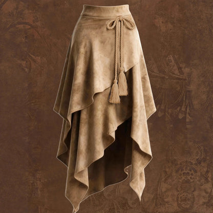 Faux Suede Wrap Midi Skirt – Asymmetric Layered Tassel Tie