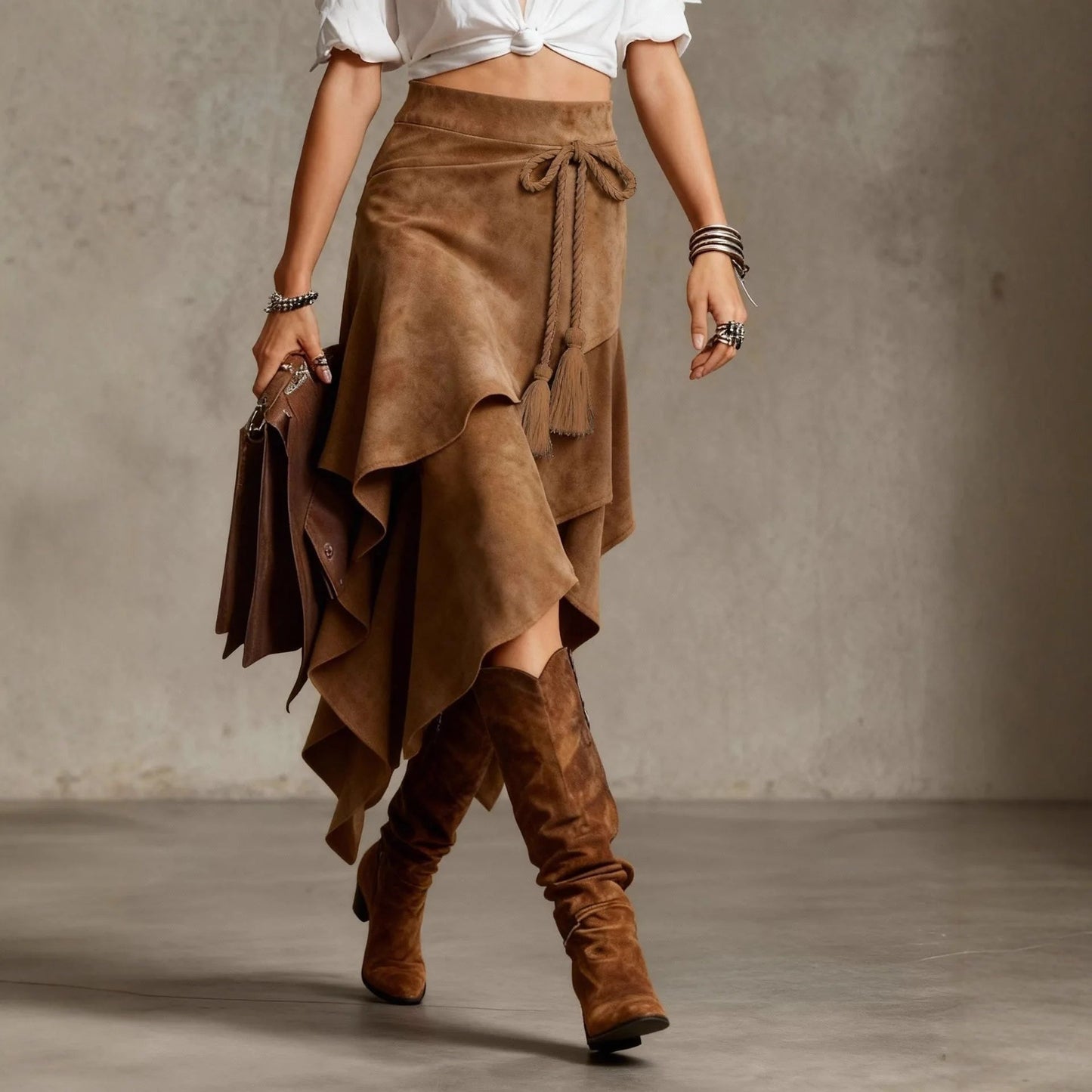 Faux Suede Wrap Midi Skirt – Asymmetric Layered Tassel Tie