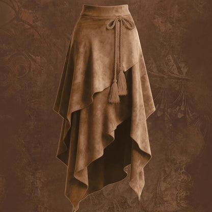 Faux Suede Wrap Midi Skirt – Asymmetric Layered Tassel Tie