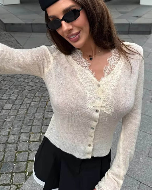 Lace Trim Knit Cardigan – V-Neck Button-Front Long Sleeve