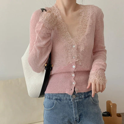 Lace Trim Knit Cardigan – V-Neck Button-Front Long Sleeve