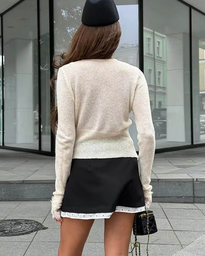 Lace Trim Knit Cardigan – V-Neck Button-Front Long Sleeve