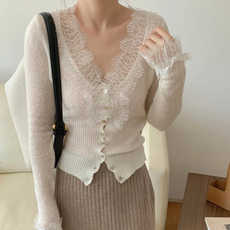 Lace Trim Knit Cardigan – V-Neck Button-Front Long Sleeve