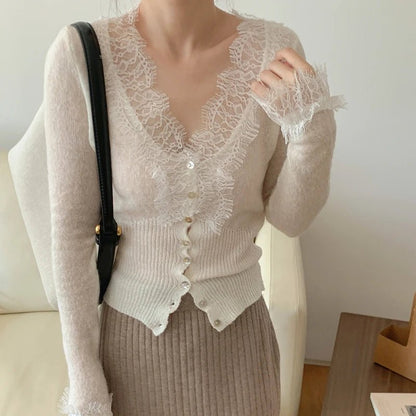 Lace Trim Knit Cardigan – V-Neck Button-Front Long Sleeve