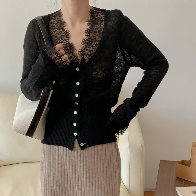 Lace Trim Knit Cardigan – V-Neck Button-Front Long Sleeve
