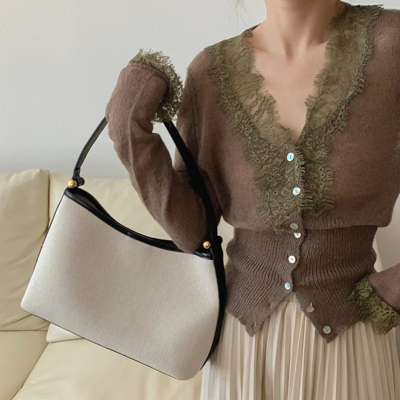 Lace Trim Knit Cardigan – V-Neck Button-Front Long Sleeve