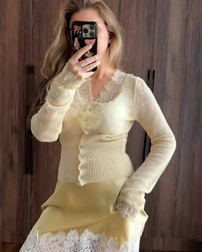 Lace Trim Knit Cardigan – V-Neck Button-Front Long Sleeve
