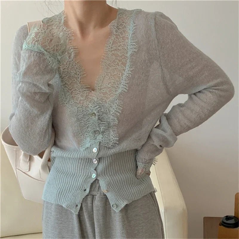 Lace Trim Knit Cardigan – V-Neck Button-Front Long Sleeve