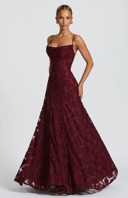 Lace A-Line Maxi Dress – Spaghetti Strap Formal Evening Gown