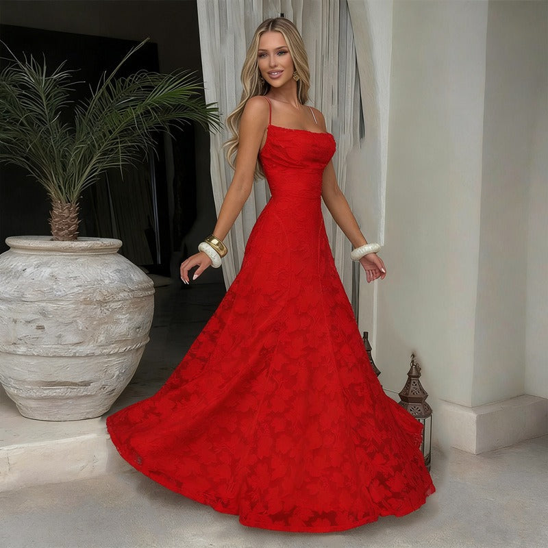 Lace A-Line Maxi Dress – Spaghetti Strap Formal Evening Gown