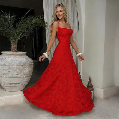 Lace A-Line Maxi Dress – Spaghetti Strap Formal Evening Gown