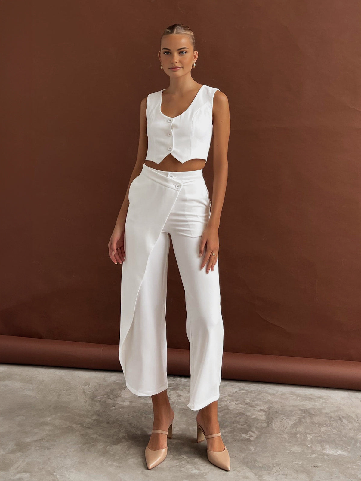 Cropped Vest Wide-Leg Pants Set – Button-Front Sleeveless Two-Piece
