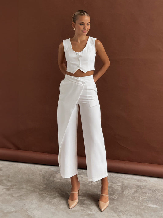Cropped Vest Wide-Leg Pants Set – Button-Front Sleeveless Two-Piece