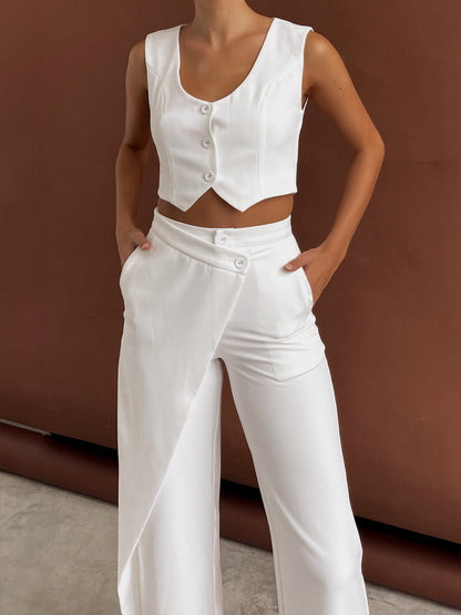 Cropped Vest Wide-Leg Pants Set – Button-Front Sleeveless Two-Piece