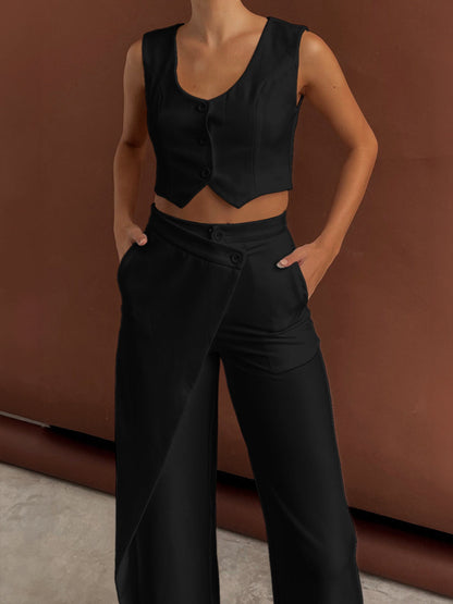 Cropped Vest Wide-Leg Pants Set – Button-Front Sleeveless Two-Piece