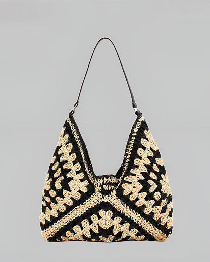 Crochet Straw Hobo Bag – Granny Square Shoulder Bag Boho Beach