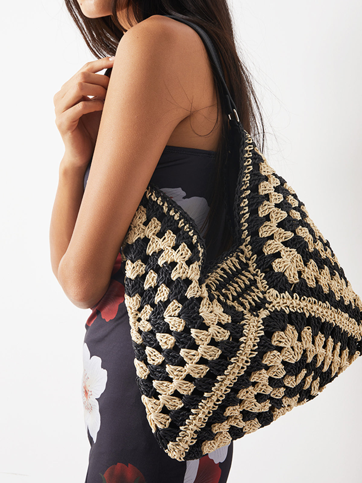 Crochet Straw Hobo Bag – Granny Square Shoulder Bag Boho Beach